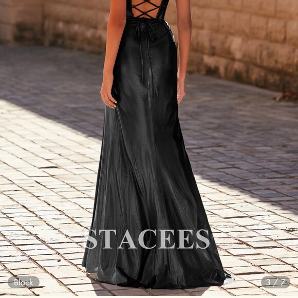 Fitted Cowl Neck Metallic Satin Corset Slit Prom Dress with Spaghetti Straps - Picture 3 of 3